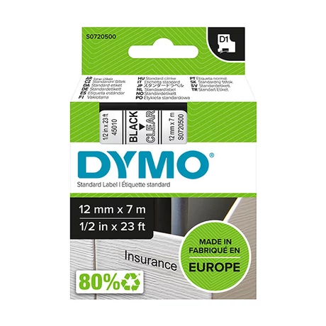 Dymo D1 45010 átlátszó alapon fekete eredeti feliratozó szalag (S0720500)