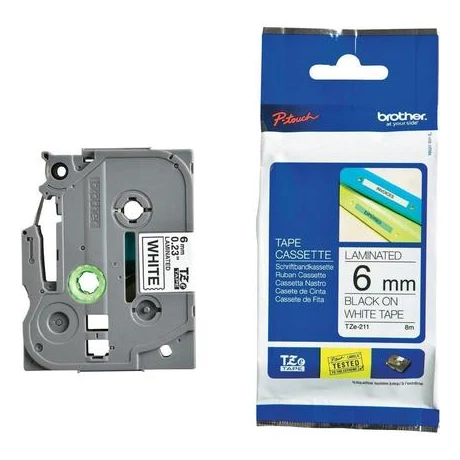 Brother TZE-211 fehér alapon fekete eredeti feliratozó szalag (6mm x 8m)