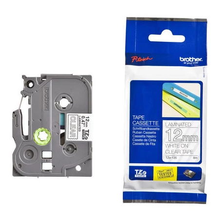 Brother TZE-135 átlátszó alapon fehér eredeti feliratozó szalag (12mm x 8m)