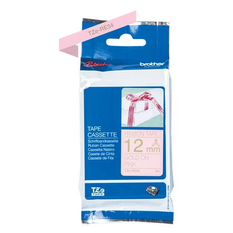 Brother TZE-RE34 arany alapon rózsaszín eredeti feliratozó szalag (12mm x 4m)