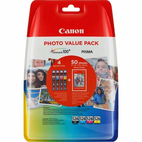 Canon CLI-526 színes eredeti tintapatron multipack + fotópapír (BK, C, M, Y)